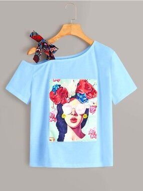 Blue Asymmetric Tie Shoulder Short Sleeve Top Shirt Blouse Size M Floral Graphic